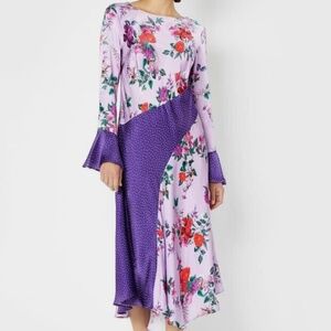 Ghost Carly Purple Floral Polka Dot Bell Sleeve Dip Hem Midi Dress, Size M
